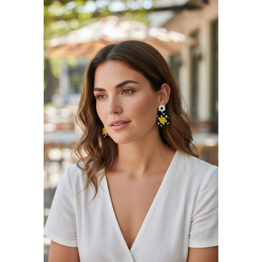 Smiley Face Flower Earrings Black White Polka Dot Dangle Boho‎ Fun